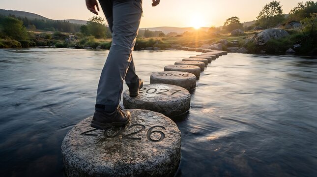 Person walking across rustic stone path over calm river at golden hour