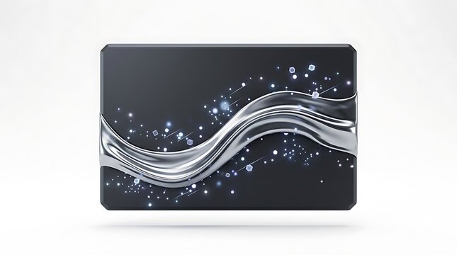 Abstract liquid silver wave design with glowing particles on a black background