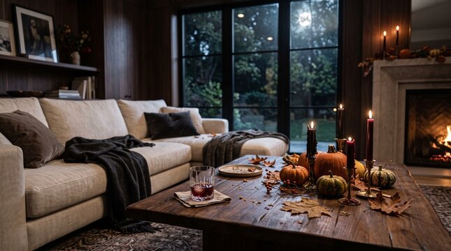 Empty Living Room Decorated for Halloween with Pumpkins String Lights and Cozy Fireplace