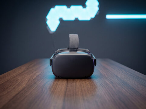 Modern virtual reality headset sitting on a wooden table in a futuristic gaming room with glowing blue LED lights