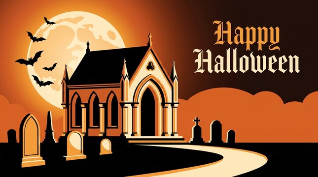 Cemetery with chapel and full moon in orange and black palette for halloween background.
