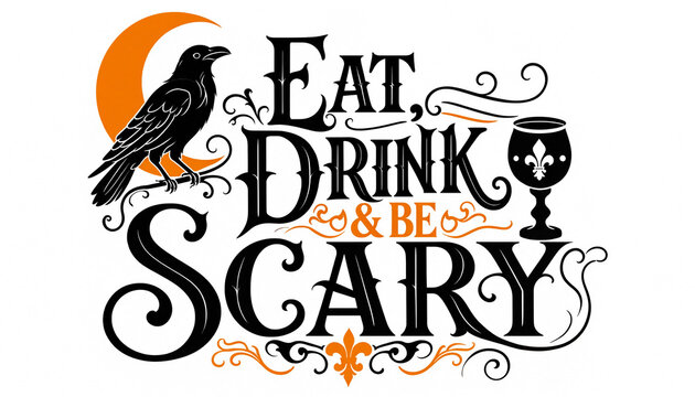 Eat drink and be scary halloween theme graphic with raven and goblet halloween typography celebration decorative invitation illustration mysterious greetings creature