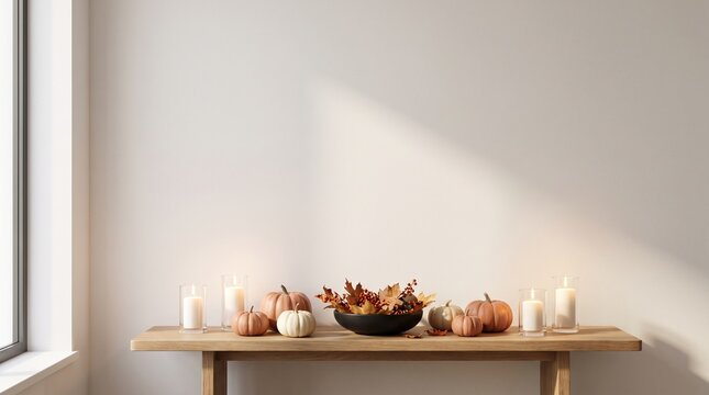 Halloween and Thanksgiving Elegant Dining Table Setting with Pumpkins Burning Candles and Autumn Flowers
