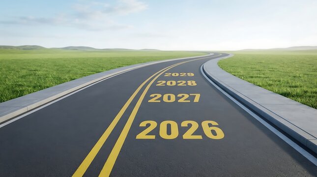 Road to success with futuristic 2026 milestone marker on highway.