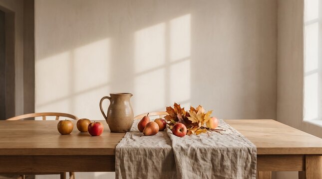 Rustic Autumn Table Setting with Ceramic Pitcher Pumpkins Fruits and Dried Floral Bouquet