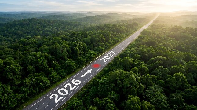 Aerial view of winding road through lush forest with futuristic 2026 milestone marker.