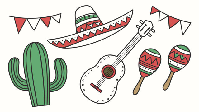Mexican fiesta illustration with cactus, sombrero, guitar, maracas and festive bunting in colorful traditional style