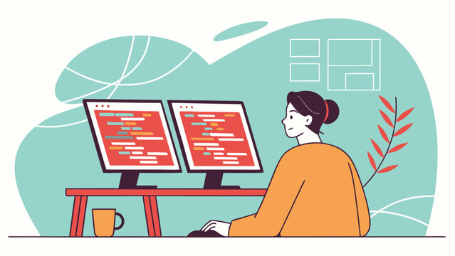 Programmer working at computer with dual monitors displaying code, modern software development and coding workspace illustration