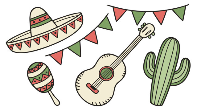Mexican fiesta illustration with sombrero, maraca, guitar, cactus and colorful bunting, traditional festive symbols of mexico
