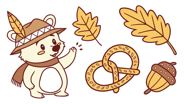 Cute autumn cat illustration with hat, falling leaves, pretzel and acorn in cozy seasonal hand drawn style