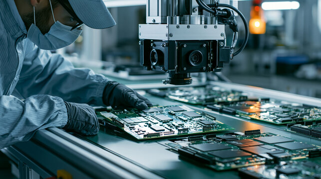 Electronics factory machine vision inspection of printed circuit boards, overhead inspection camera mounted above conveyor, technician in ESD-safe clothing checking one rejected