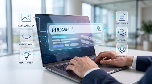 AI prompt interface on laptop with workflow icons
