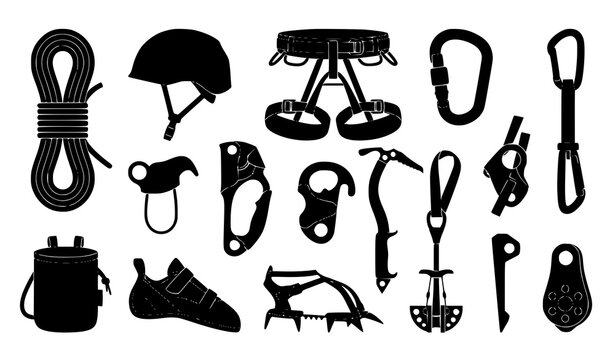 Professional Climbing Gear Rope Helmet Harness Carabiner Belay and Mountaineering Black Vector Set