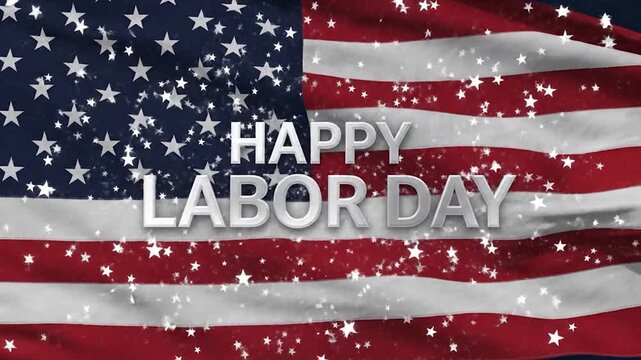 American flag waving for labor day celebration with animated white sparkles and glitter effect.