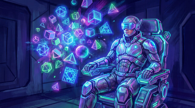 Futuristic pilot in armor suit wearing VR visor sitting in control chair surrounded by glowing neon holographic geometric objects in a sci-fi metaverse