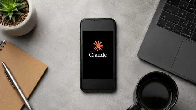 In this photo illustration, a  smartphone displays the Claude AI app logo on a minimalist office desk, in Guwahati, India on 13 August 2026.