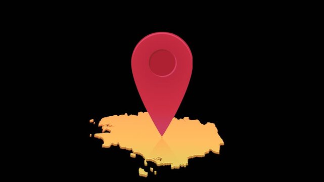Animated location pin mark on Brittany map representing travel destination, navigation, geotargeting, and tourism. Chroma key green screen with alpha channel. (loopable)