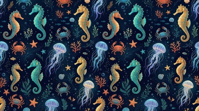 Seamless pattern of colorful sea creatures on dark background.