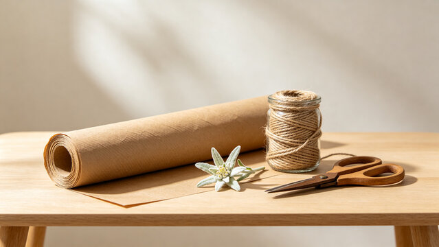 Minimal gift wrapping station with kraft paper, twine, dried edelweiss and scissors, alpine simplicity concept