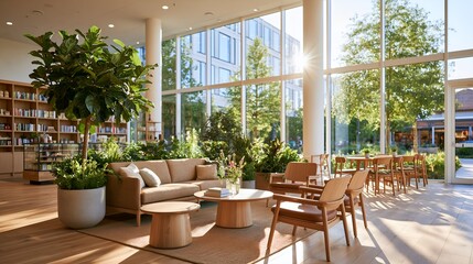 Fototapeta premium Modern lounge with natural light and greenery