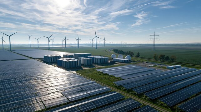 Stunning Aerial View of a Solar Farm and Wind Turbines
