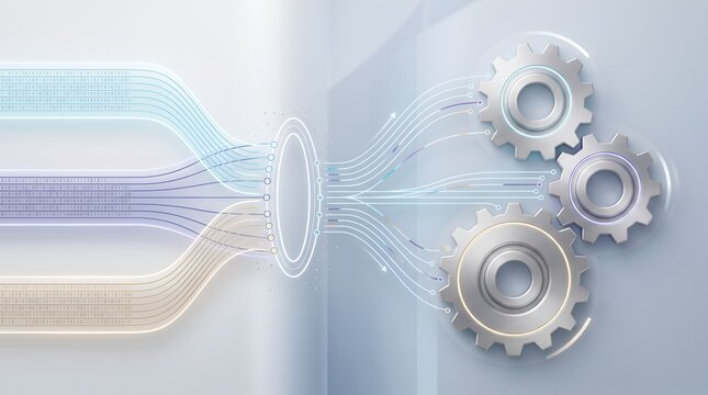 Digital data streams feeding into interconnected gears