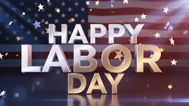 Happy Labor Day text appears with falling stars and american flag in background motion.