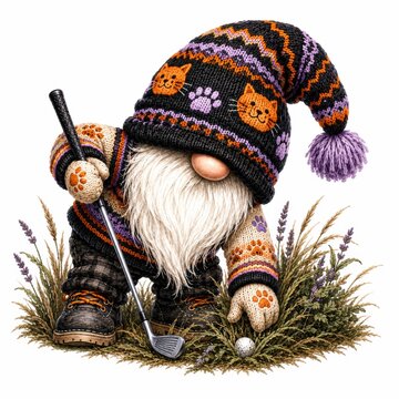 A whimsical gnome wearing a colorful knitted hat and sweater with cat designs, crouching in grass while placing a golf ball with a club in hand.