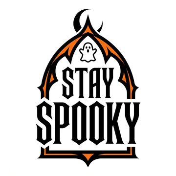Stay spooky gothic typography design with ghost and crescent moon emblem for halloween celebrations.