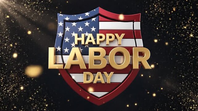 American flag shield rotates into center frame with golden happy labor day text animation.