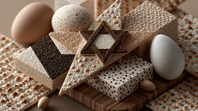Passover seder plate elements arranged in a geometric textured composition