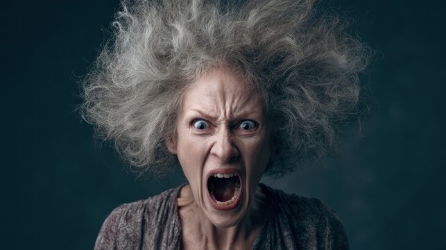 Furious person yelling mouth open wide with wild hair