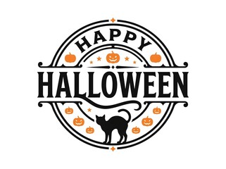 Obraz premium Vintage style happy halloween badge with black cat and pumpkin illustrations
