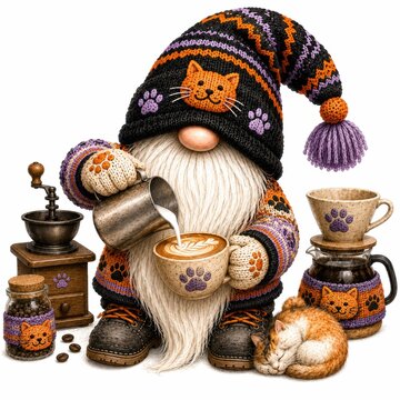 A whimsical gnome in a cat-themed outfit pours milk into a latte, surrounded by cat-decorated coffee items and a sleeping ginger cat.