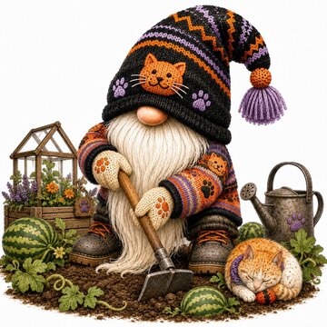 A gnome in a cat-themed sweater and hat tends a garden patch with watermelons, a greenhouse, and a sleeping cat nearby.