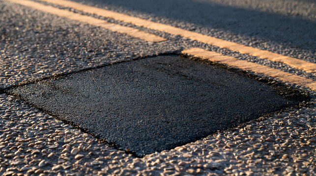 Close up of an asphalt pothole road patching repair with a rectangular new asphalt patch under bright lighting no people bright asphalt patching pothole repair rectangular