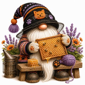 A whimsical gnome in a striped hat with a cat motif holds a honeycomb, surrounded by flowers, yarn, and a bee smoker, blending gardening and crafting themes.