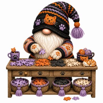 A whimsical gnome wearing a cat-themed hat and mittens assembles a colorful puzzle at a wooden table surrounded by baskets and sleeping cats.