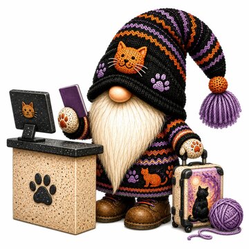 A whimsical gnome dressed in a cat-themed outfit holding a phone and suitcase, standing behind a paw-print counter with a ball of yarn nearby.