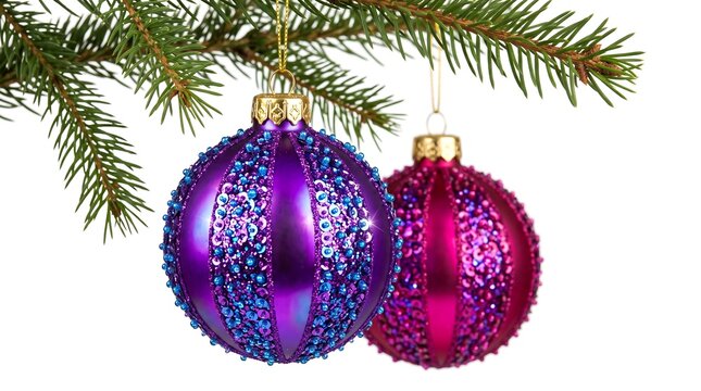 Two Sparkling Purple Christmas Ornaments Hanging On Pine Branch