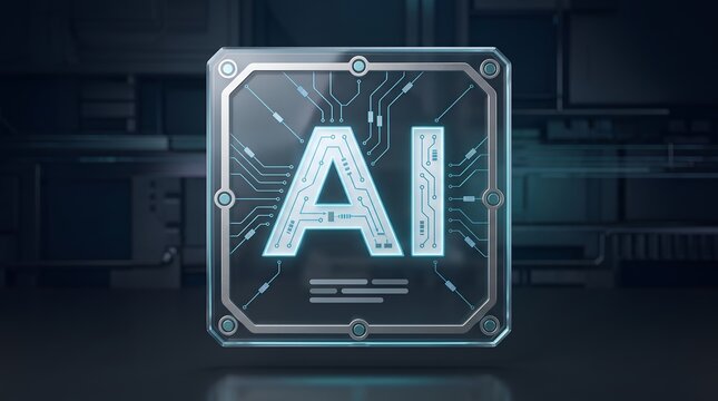 Glowing AI logo on a futuristic circuit board