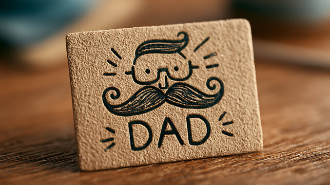 Hand drawn mustache and text reading dad on a wooden tile