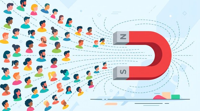 Large magnet attracting diverse human profile icons marketing illustration