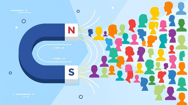 Large magnet attracting diverse human profile icons marketing illustration