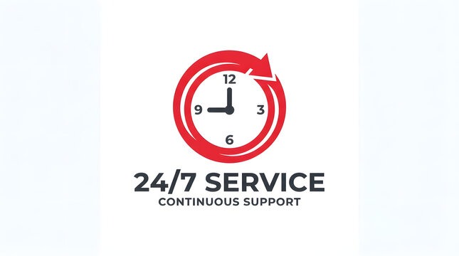 24/7 service clock icon with red and white design