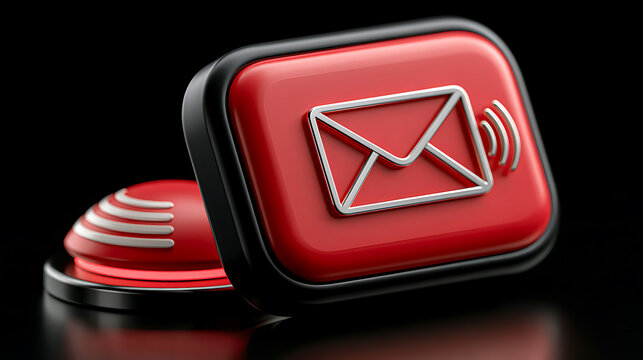Red email notification icon with sound waves photorealistic 3d rendering