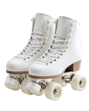 Pair of white leather quad roller skates with high top boots and cream wheels isolated