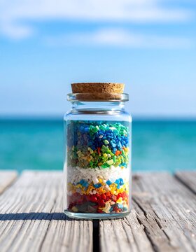 A clear glass bottle filled with vibrant layered colorful sand rests on a wooden pier with nobody around, evoking cheerful summer memories and peace against a bright blue ocean.