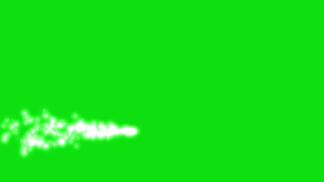White glitter star particles flowing along a smooth magical curve, sparkling fairy dust, glowing doodle stars, shimmering light trail, elegant fantasy motion effect on green screen, 4K.