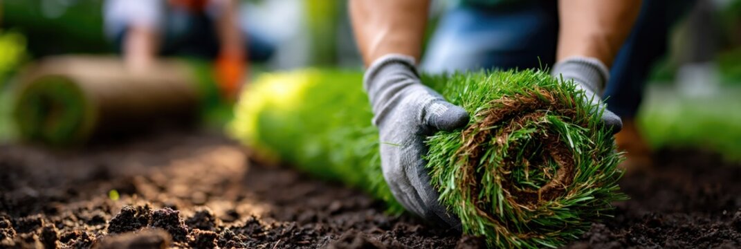 Person Unrolling Vibrant Green Sod on Dark Soil